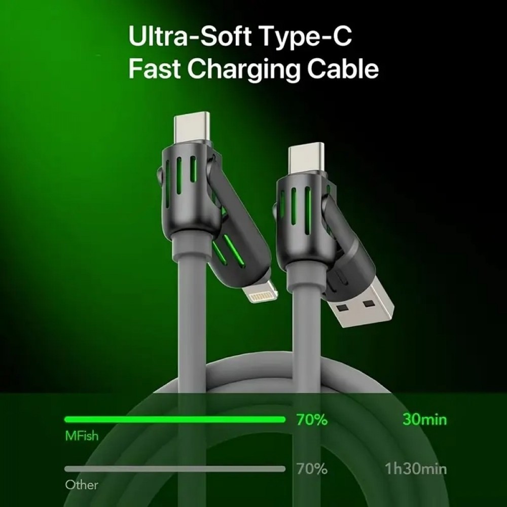 USB 4-in-1 Schnelllade-Kabel 30W | USB-C zu USB anti-verwickelndes Silikon RGB-LED Multi-Geräte-Kompatibilität und langlebig (2 m) - Grau